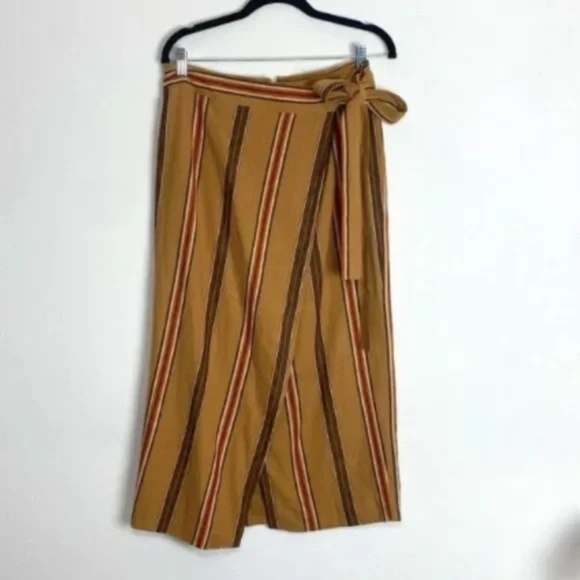 Worthington Linen Blend Midi Wrap Skirt Striped Brown Yellow Slit Size 6 - Picture 2 of 5